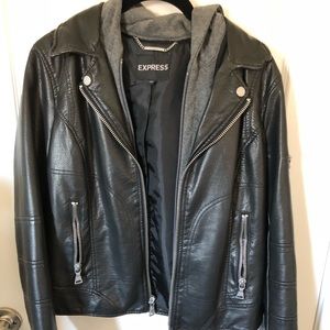 Express Black Faux Leather Moto Hooded Jacket